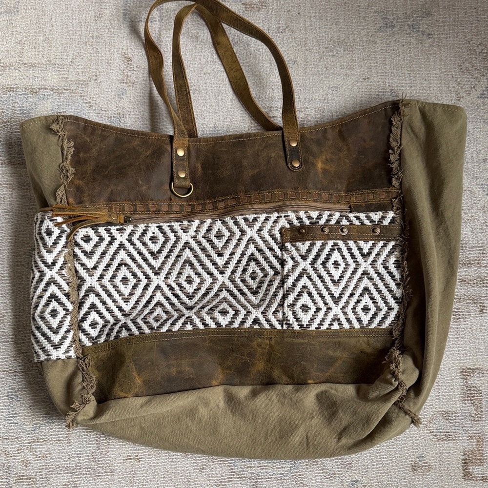 Myra Bag Brown and Olive Geometric Tote